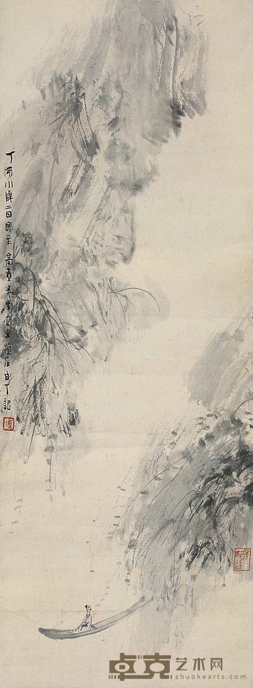 傅抱石 1947年作 秋江泛舟图 立轴 80×30cm