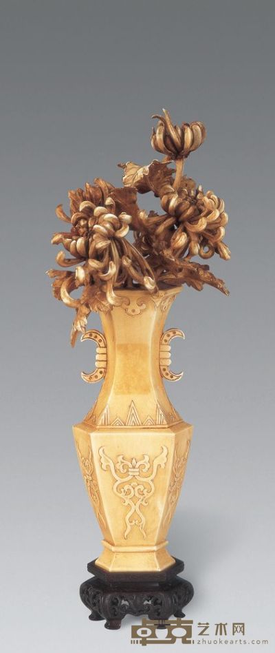 19世纪 象牙雕菊瓶如意摆件 高18.5cm