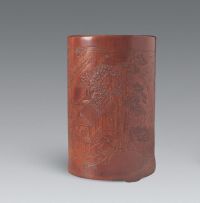19世纪 竹雕山水人物笔筒