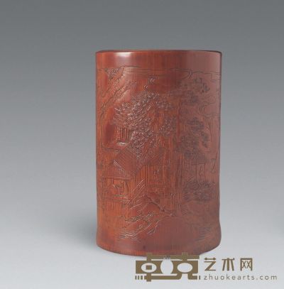 19世纪 竹雕山水人物笔筒 高14.5cm