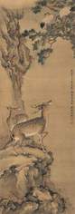沈铨 己巳（1749年）作 鹤鹿同春图 立轴