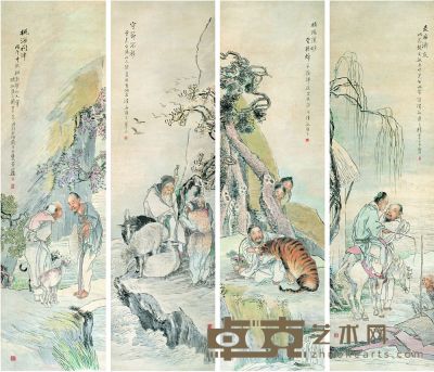 钱慧安 丙午（1906）年作 摹古人物 （四件） 屏轴 145×41cm×4