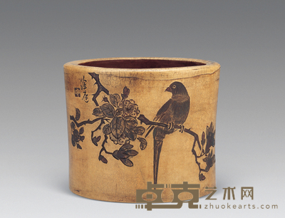 民国 任淦庭刻海棠绶带纹紫砂笔筒 高13.2cm；直径16cm