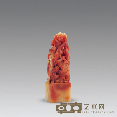 寿山红花芙蓉石雕龙纽印章 2.9×2.1×9cm