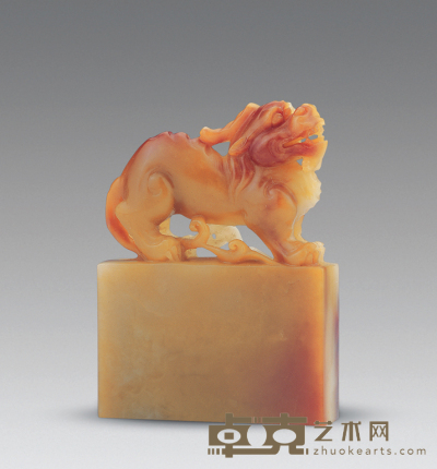 寿山三彩芙蓉石雕兽钮印章 5.6×1.6×7.6cm