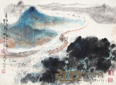 郑乃珖 1972年作 放筏图 立轴 34×46cm