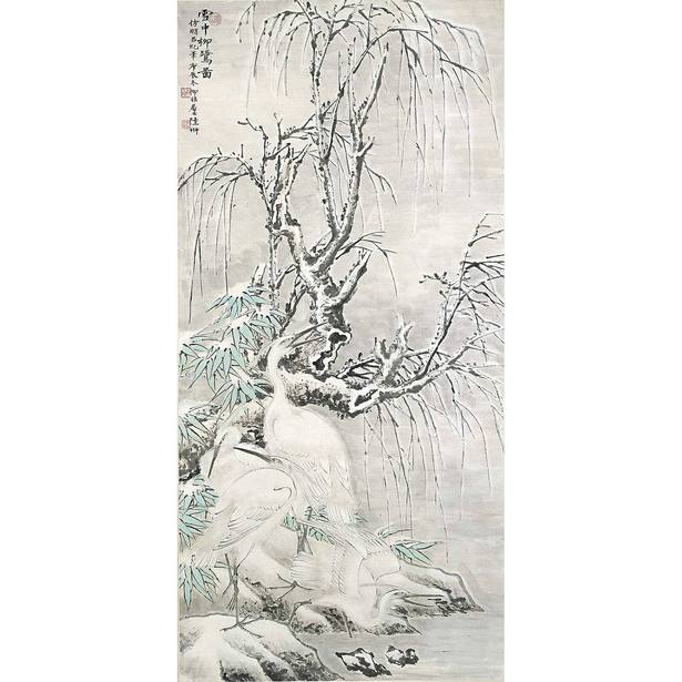 陆抑非 1940年作 雪中柳鹭 立轴