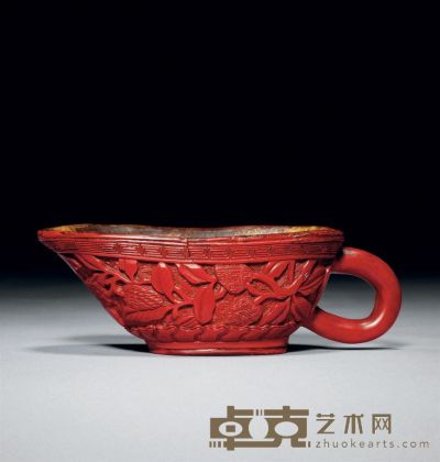 17th 剔红雕花卉杯 长12.5cm