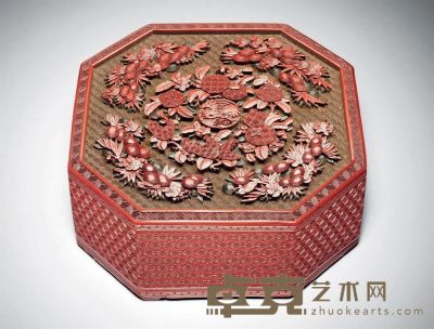 18th 剔红花卉图八方盖盒 宽20.4cm