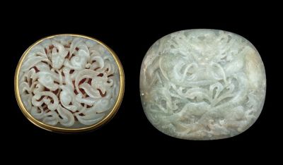 TWO CELADON JADE CARVINGS，MING DYNASTY AND LATER (1368-1644)
