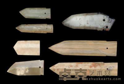 A GROUP OF SEVEN JADE BLADES，SHANG DYNASTY (1600-1100BC) AND LATER 11.5cm