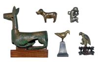 FOUR SMALL BRONZE ANIMALS，AND A METAL FIGURE OF A SEATED MONKEY，HAN DYNASTY AND LATER (206BC-220AD)