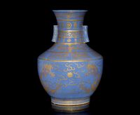 A GILT DECORATED BLUE GLAZED HU VASE，19TH CENTURY