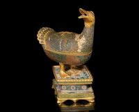 A CLOISONNE ENAMELLED AND GILT BRONZE DUCK FORMED CENSER，17TH CENTURY