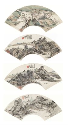 李研山 摹古山水 （四幅） 扇面镜心