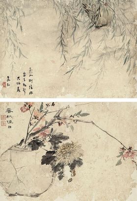 汤贻汾 1814年作 山水花鸟小品 册页 （十二开选二）