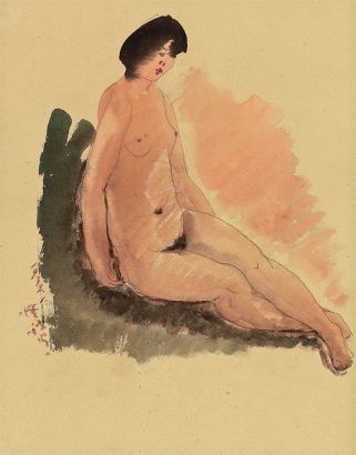 常玉 双手撑地的坐姿裸女；及弯腰中的裸女剪影