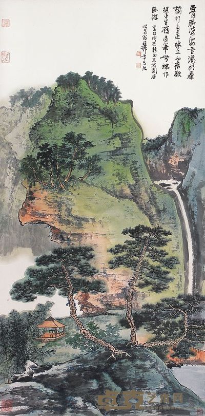 谢稚柳 1988年作 青绿山水 立轴 138×68cm