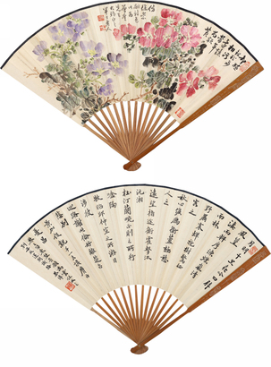 陈半丁 叶恭绰 1955年作 花卉书法 成扇