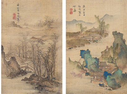 吕焕成 1680年作 山水人物 镜心 （二帧）