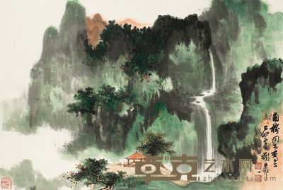 谢稚柳 1975年作 春山观瀑 立轴 36.5×54cm