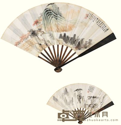 张大千 陈树人 1929年作 仿石涛上人山水 江山客路 扇面 