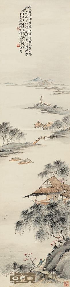 钱松嵒 1935年作 江山烟雨图  立轴 130×32cm