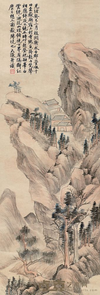 吴大澂 1893年作 秋山阁寺 立轴 83.5×31.5cm