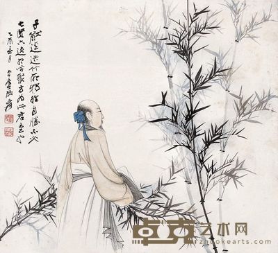 张大千 1945年作 竹林高士 镜框 38×41cm