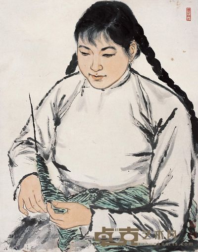 魏紫熙 织毛衣 镜心 44×35.5cm