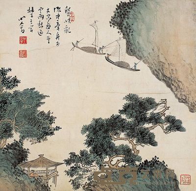 溥儒 泛舟图 镜心 32.5×33cm