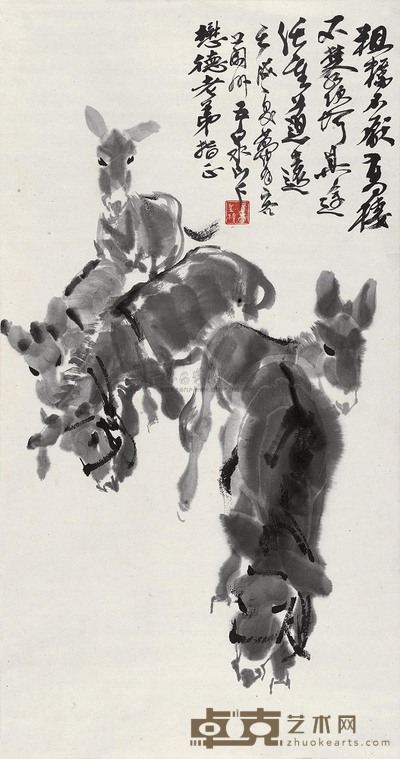 黄胄 1982年作 五驴图 立轴 89×47cm