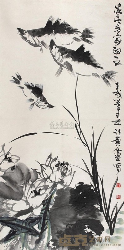 许麟庐 1982年作 芙蓉游鱼 立轴 135×65cm