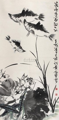 许麟庐 1982年作 芙蓉游鱼 立轴