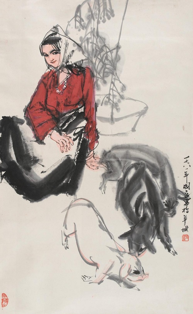 史国良 1981年作 喂猪 立轴96×59cm