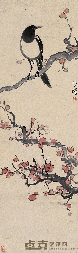 徐悲鸿 红叶喜鹊 立轴 106.5×33cm