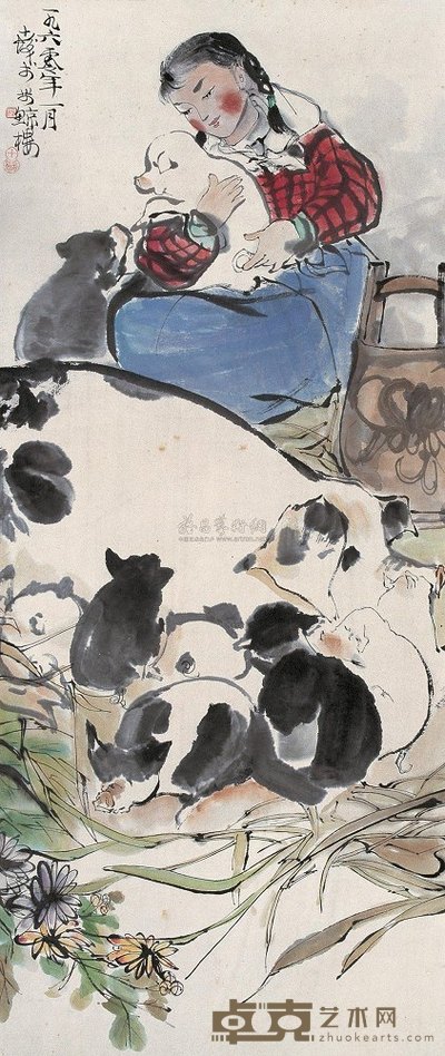 程十发 1960年作 其乐融融 立轴 92.5×39cm