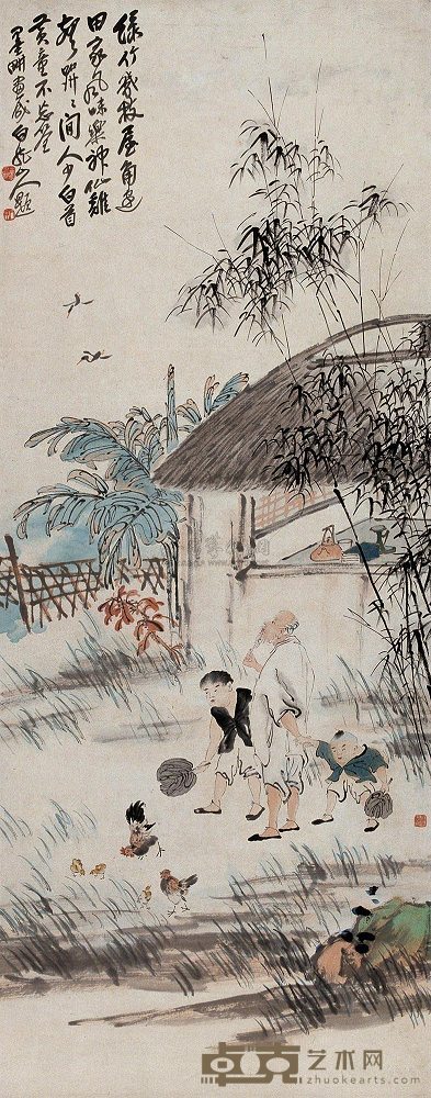 倪田 农家乐 立轴 115.5×46cm