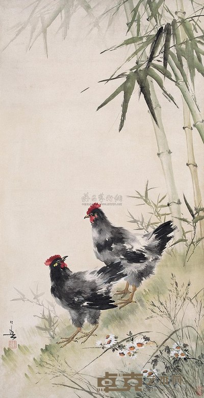 黄幻吾 竹林双鸡 立轴 129×66.5cm