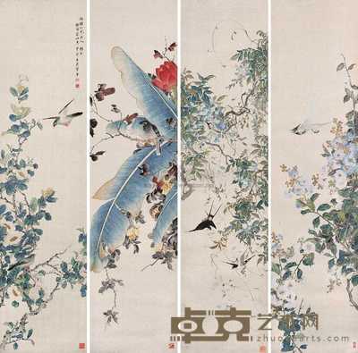 管平 1933年作 花鸟 四屏 132×32cm×4