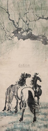 徐悲鸿 1942年作 春柳三骏图 立轴