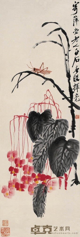 齐白石 海棠蚱蜢 镜心 101×34cm