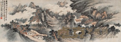 萧愻 1925年作 秋树茅屋 横幅 46.5×135.5cm