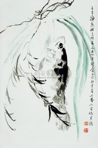 1957年作 王步 梅健鹰合作 釉上彩《鱼》瓷板