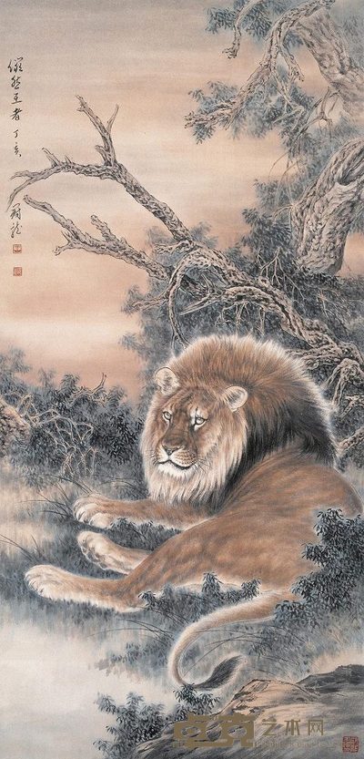王冠龙 2009年作 雄狮图 镜框 104×50cm