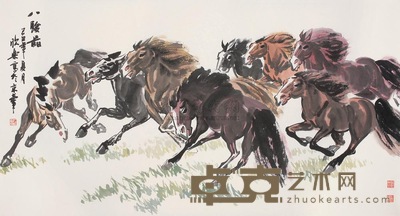 马欣乐 2009年作 八骏图 镜框 96×180cm
