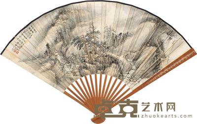 张石园 1932年作 山村晨晓图 成扇 19×51cm