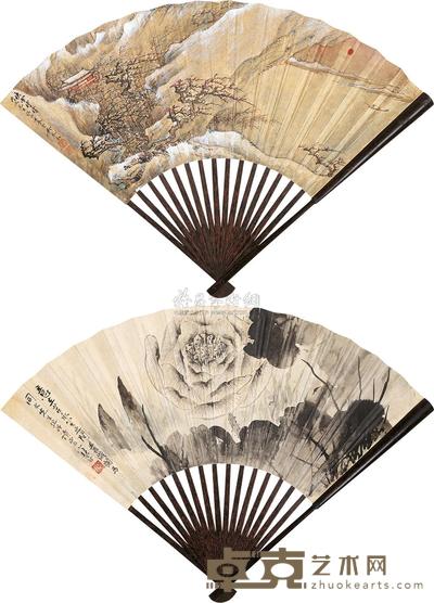 吴琴木 江寒汀 1952年作 山水、荷花 成扇 18×49cm