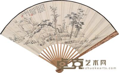 陶冷月 1947年作 疏林落日图 成扇 19.5×51cm