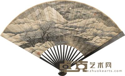 陶冷月 1948年作 月夜 成扇 19×52cm